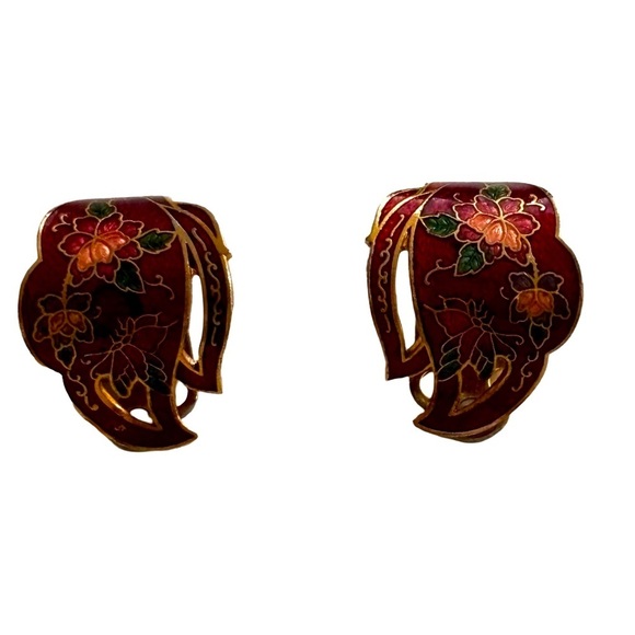 Cloisonné vintage red enamel gold tone clip on earrings - Picture 2 of 6